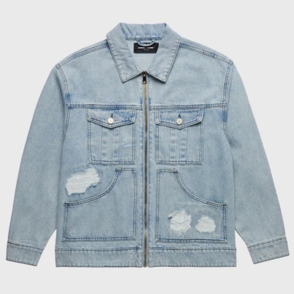 Homme Femme denim work jacket Jean jacket distressed denim blue jean size small